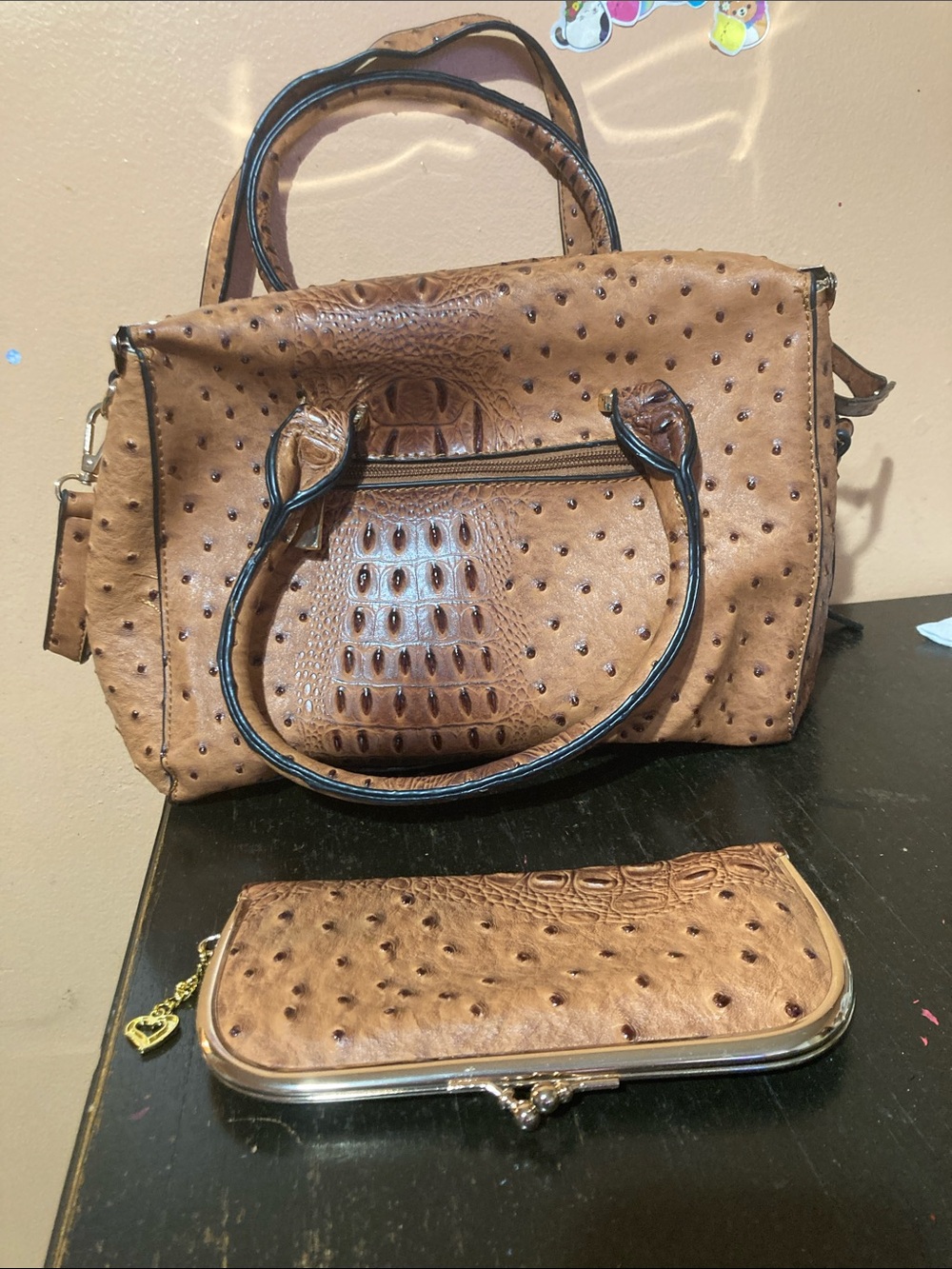 Saks fifth Women's Tan Faux-Ostrich Satchel with Matching Wallet